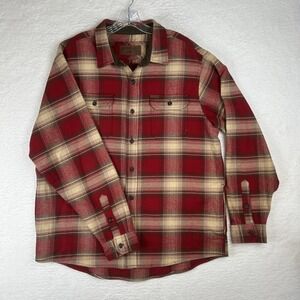 Orvis Heavyweight Flannel Shirt Shacket Cotton Red Tan Plaid Men's Size XL